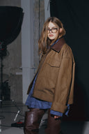 DENIM JACKET WITH LEATHER COLLAR