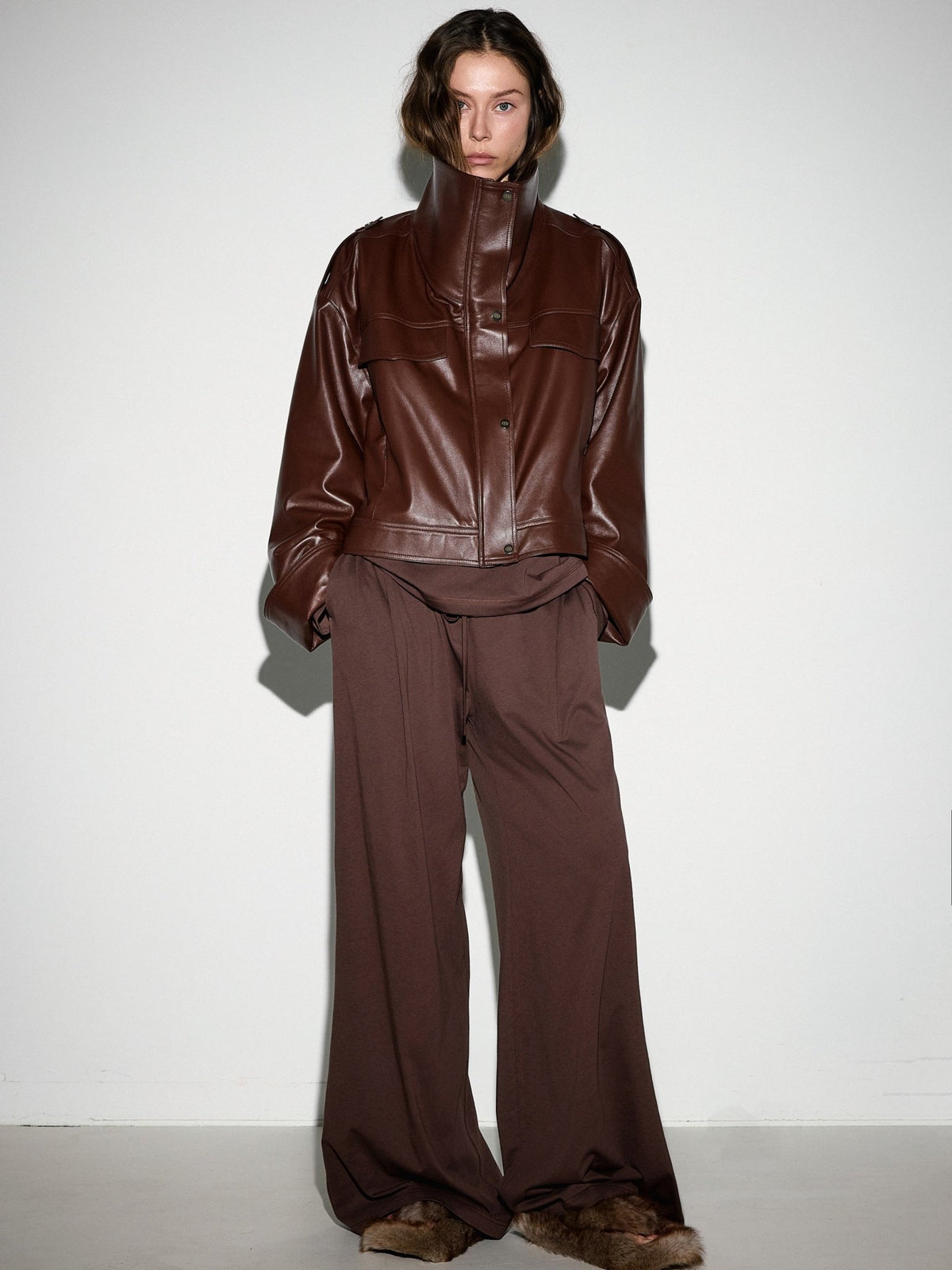 BROWN LEATHER CROP JACKET - Blastout